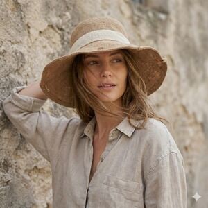 Tsuyumi Sun Hat Womens Medium Tan Jute Wide Brim Tan Beachy Travel Resort